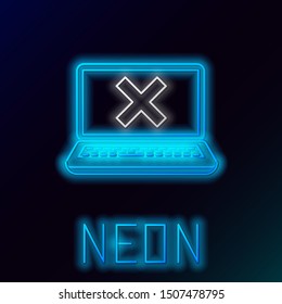 Blue glowing neon line Laptop and cross mark on screen icon  on black background. Error window, exit button, cancel, 404 error page not found concept. Colorful outline concept. Vector Illustration