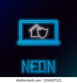 Blue glowing neon line Laptop with house under protection icon isolated on black background. Protection, safety, security, protect, defense concept. Colorful outline concept. Vector Illustration