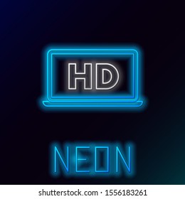 Blue glowing neon line Laptop screen with HD video technology icon isolated on black background. Colorful outline concept. Vector Illustration