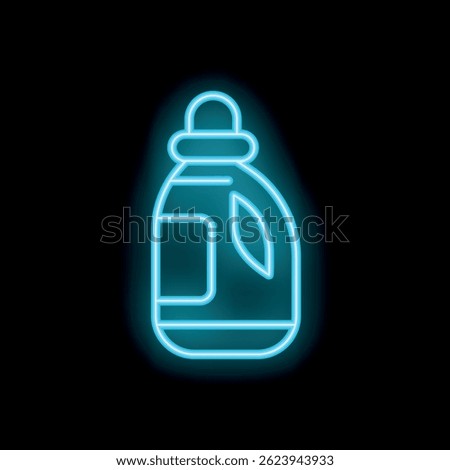 Blue glowing neon line laundry detergent in plastic container icon isolated on a black background