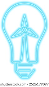 Lâmpada de neon brilhante azul com turbina de vento. Energia verde, conceito de energia eólica renovável. Ilustração abstrata temática de ecologia. 