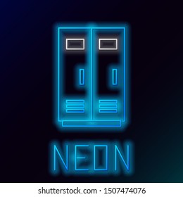 Blue glowing neon line Locker or changing room for football, basketball team or workers icon isolated on black background. Colorful outline concept. Vector Illustration