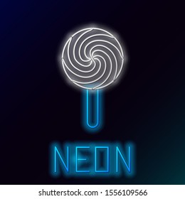 Blue glowing neon line Lollipop icon isolated on black background. Food, delicious symbol. Colorful outline concept. Vector Illustration