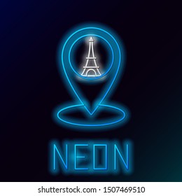 Blue glowing neon line Map pointer with Eiffel tower icon isolated on black background. France Paris landmark symbol. Colorful outline concept. Vector Illustration
