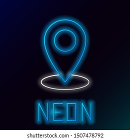 Blue glowing neon line Map pin icon on black background. Navigation, pointer, location, map, gps, direction, place, compass, contact, search concept. Colorful outline concept. Vector Illustration
