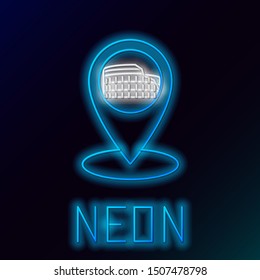 Blue glowing neon line Map pointer with Coliseum in Rome, Italy icon on black background. Colosseum sign. Symbol of Ancient Rome, gladiator fights. Colorful outline concept. Vector Illustration