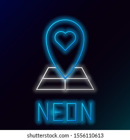 Blue glowing neon line Map pointer with heart icon isolated on black background. Valentines day. Love location. Romantic map pin. Colorful outline concept. Vector Illustration
