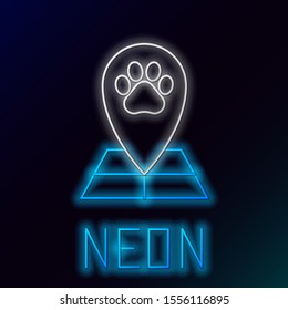 Blue glowing neon line Map pointer with veterinary medicine hospital, clinic or pet shop for animals icon on black background. Veterinarian clinic. Colorful outline concept. Vector Illustration