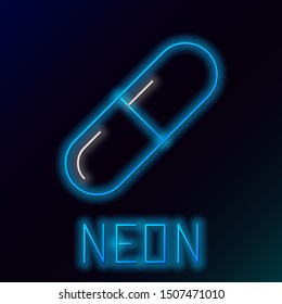 Blue glowing neon line Medicine pill or tablet icon isolated on black background. Capsule pill and drug sign. Pharmacy design. Colorful outline concept. Vector Illustration