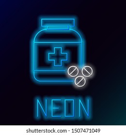 Blue glowing neon line Medicine bottle and pills icon isolated on black background. Bottle pill sign. Pharmacy design. Colorful outline concept. Vector Illustration