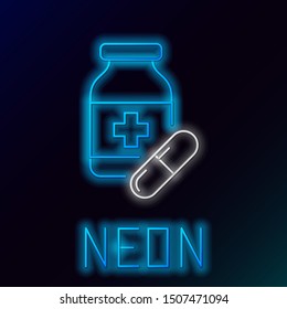 Blue glowing neon line Medicine bottle and pills icon isolated on black background. Bottle pill sign. Pharmacy design. Colorful outline concept. Vector Illustration