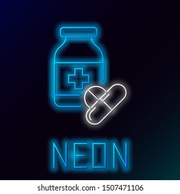 Blue glowing neon line Medicine bottle and pills icon isolated on black background. Bottle pill sign. Pharmacy design. Colorful outline concept. Vector Illustration