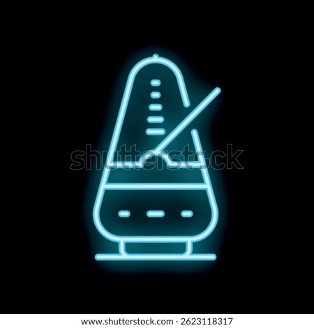 Blue glowing neon line metronome with pendulum in motion icon isolated on black background