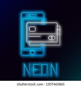 Blue glowing neon line Mobile phone and credit card icon isolated on black background. Smartphone online payment concept. NFC payment. Transfer icon. Colorful outline concept. Vector Illustration