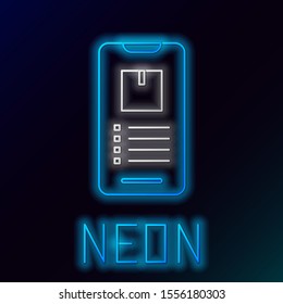 Blue glowing neon line Mobile smart phone with app delivery tracking icon isolated on black background. Parcel tracking. Colorful outline concept. Vector Illustration