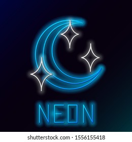 Blue glowing neon line Moon and stars icon isolated on black background. Colorful outline concept. Vector Illustration