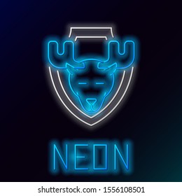 Blue glowing neon line Moose head on shield icon isolated on black background. Hunting trophy on wall. Colorful outline concept. Vector Illustration