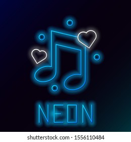 Blue glowing neon line Music note, tone with hearts icon isolated on black background. Colorful outline concept. Vector Illustration