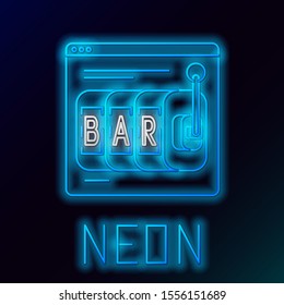 Blue glowing neon line Online slot machine icon isolated on black background. Online casino. Colorful outline concept. Vector Illustration