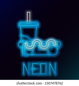 Blue glowing neon line Paper glass with drinking straw and hotdog icon on black background. Soda aqua drink sign. Hamburger, cheeseburger sandwich. Colorful outline concept. Vector Illustration