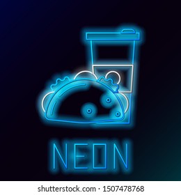 Blue glowing neon line Paper glass and taco with tortilla icon on black background. Soda aqua drink sign. Hamburger, burger, cheeseburger sandwich. Colorful outline concept. Vector Illustration