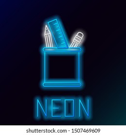 Blue glowing neon line Pencil case stationery icon isolated on black background. Pencil, pen, ruler in a glass for office. Colorful outline concept. Vector Illustration
