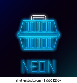 Blue glowing neon line Pet carry case icon isolated on black background. Carrier for animals, dog and cat. Container for animals. Animal transport box. Colorful outline concept. Vector Illustration