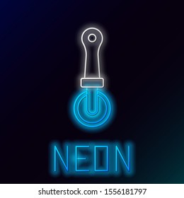 Blue glowing neon line Pizza knife icon isolated on black background. Pizza cutter sign. Steel kitchenware equipment. Colorful outline concept. Vector Illustration