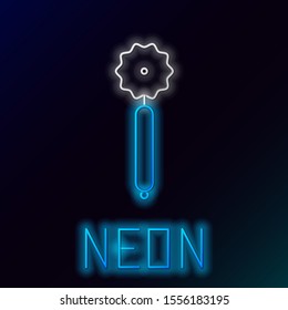 Blue glowing neon line Pizza knife icon isolated on black background. Pizza cutter sign. Steel kitchenware equipment. Colorful outline concept. Vector Illustration