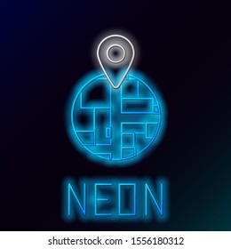 Blue glowing neon line Placeholder on map paper in perspective icon isolated on black background. Colorful outline concept. Vector Illustration