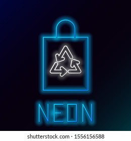 Blue glowing neon line Plastic bag with recycle icon isolated on black background. Bag with recycling symbol. Colorful outline concept. Vector Illustration