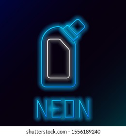 Blue glowing neon line Plastic bottle for liquid laundry detergent, bleach, dishwashing liquid or another cleaning agent icon on black background. Colorful outline concept. Vector Illustration