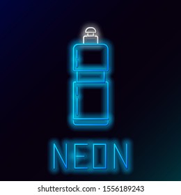 Blue glowing neon line Plastic bottle for liquid laundry detergent, bleach, dishwashing liquid or another cleaning agent icon on black background. Colorful outline concept. Vector Illustration
