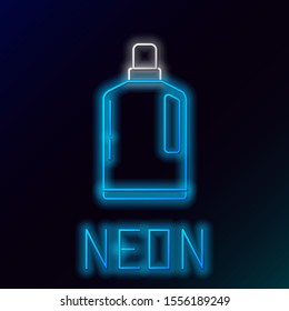 Blue glowing neon line Plastic bottle for liquid laundry detergent, bleach, dishwashing liquid or another cleaning agent icon on black background. Colorful outline concept. Vector Illustration