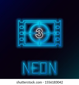 Blue glowing neon line Play Video icon isolated on black background. Film strip with start sign. Colorful outline concept. Vector Illustration