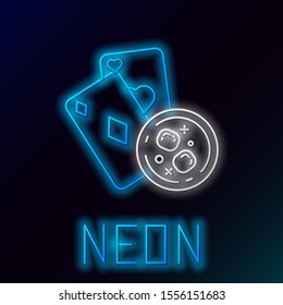 Blue glowing neon line Playing cards and glass of whiskey with ice cubes icon isolated on black background. Casino gambling. Colorful outline concept. Vector Illustration