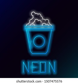 Blue glowing neon line Popcorn in cardboard box icon isolated on black background. Popcorn bucket box. Colorful outline concept. Vector Illustration