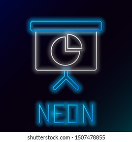 Blue glowing neon line Presentation financial business board with graph, schedule, chart, diagram, infographic, pie graph icon on black background. Colorful outline concept. Vector Illustration