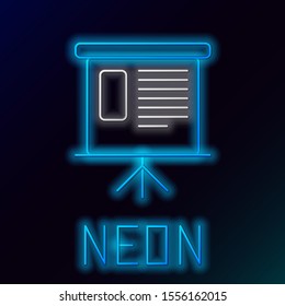 Blue glowing neon line Presentation financial business board with graph, schedule, chart, diagram, infographic, pie graph icon on black background. Colorful outline concept. Vector Illustration