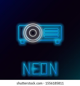 Blue glowing neon line Presentation, movie, film, media projector icon isolated on black background. Colorful outline concept. Vector Illustration