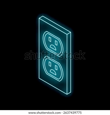 Blue glowing neon line presents an isometric view of an electrical outlet on the wall, isolated on black background
