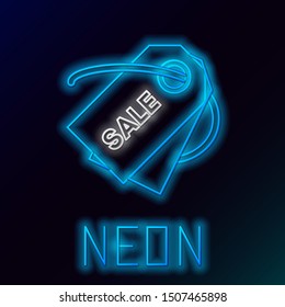 Blue glowing neon line Price tag with an inscription Sale icon isolated on black background. Badge for price. Promo tag discount. Colorful outline concept. Vector Illustration