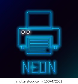 Blue glowing neon line Printer icon isolated on black background. Colorful outline concept. Vector Illustration