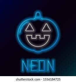 Blue glowing neon line Pumpkin icon isolated on black background. Happy Halloween party. Colorful outline concept. Vector Illustration