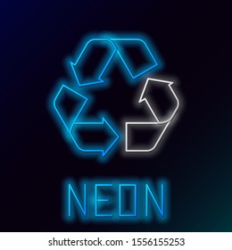 Blue glowing neon line Recycle symbol icon isolated on black background. Circular arrow icon. Environment recyclable go green. Colorful outline concept. Vector Illustration