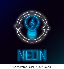 Blue glowing neon line Recycle and light bulb with lightning symbol icon isolated on black background. Light lamp sign. Idea symbol. Colorful outline concept. Vector Illustration