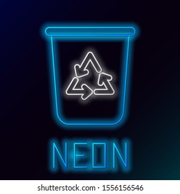Blue glowing neon line Recycle bin with recycle symbol icon isolated on black background. Trash can icon. Garbage bin sign. Recycle basket sign. Colorful outline concept. Vector Illustration