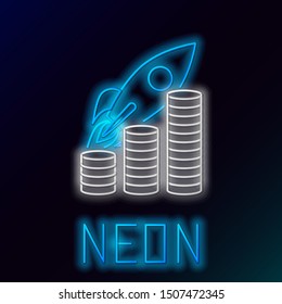 Blue glowing neon line Rocket flying up on coins growth chart icon isolated on black background. Graph that shows increase in sales. Colorful outline concept. Vector Illustration
