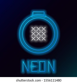 Blue glowing neon line Round adjustable embroidery hoop icon isolated on black background. Thread and needle for embroidery. Colorful outline concept. Vector Illustration