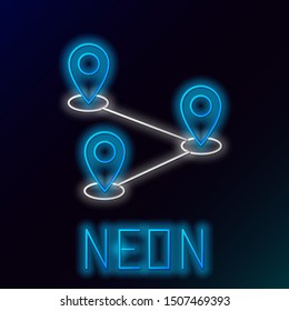 Blue glowing neon line Route location icon isolated on black background. Map pointer sign. Concept of path or road. GPS navigator. Colorful outline concept. Vector Illustration